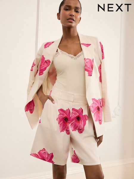Ecru/Rosa - Floral Tailored Shorts with Linen (E96462) | 21 €