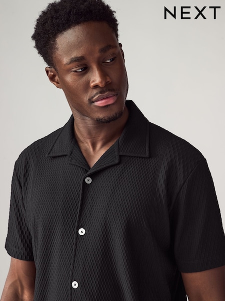 Black Engineered Cuban Collar Textured Jersey Short Sleeve Shirt (E96494) | €39