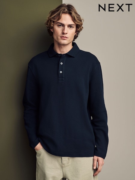 Navy Blue Long Sleeve Waffle Textured 100% Cotton Polo Shirt (E96495) | €14