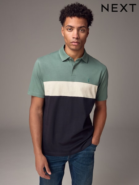 Dark Green 100% Cotton Short Sleeve Button Up Block Polo Shirt (E96518) | 89 QAR