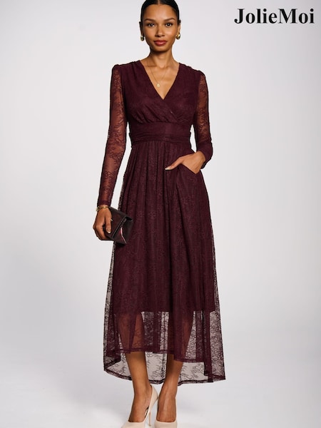 Red - Jolie Moi Long Sleeve Wrap V-neck Lace Maxi Dress