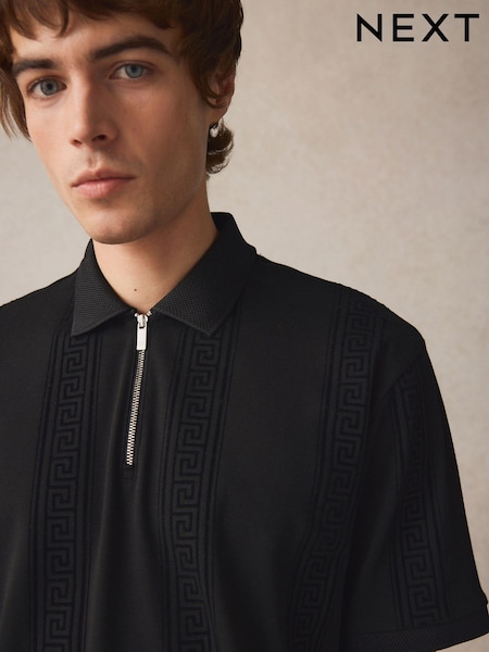 Black Vertical Chain Flocked Quarter Zip Polo Shirt (E96562) | 148 QAR