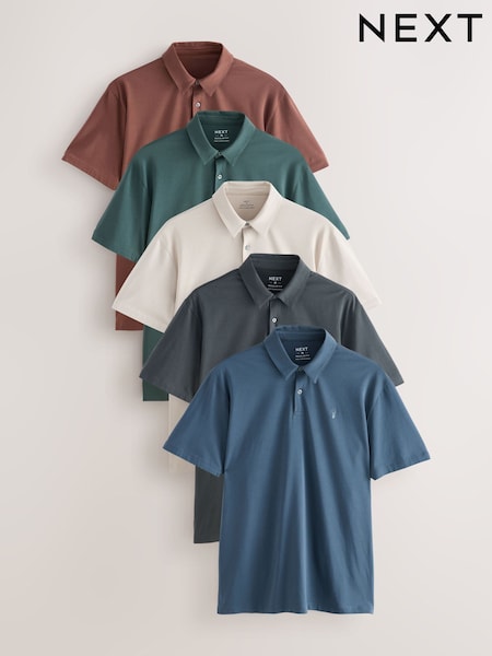 Grey / Blue / Green / Red / Stone Regular Fit Short Sleeve Jersey Polo Shirts 5 Pack (E96590) | $91