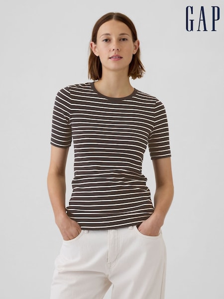 Gap Brown Stripe Short Sleeve Modern Cotton-Modal Crew Neck T-Shirt (E96610) | €9