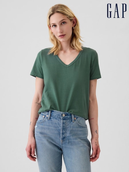Gap Green V-Neck Vintage 100% Organic Cotton Short Sleeve T-Shirt (E96641) | €11.50