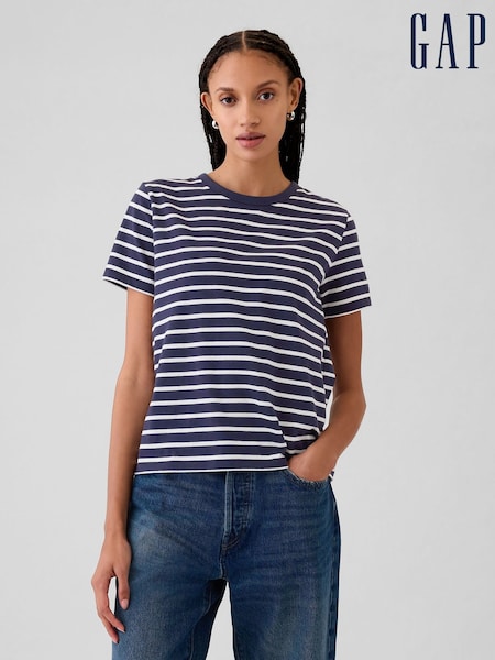 Gap Blue Stripe Crew Neck Vintage 100% Organic Cotton Short Sleeve T-Shirt (E96650) | kr257