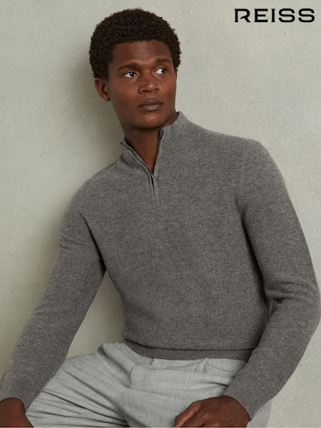 Reiss Mid Grey Melange Chester Wool Zip-Neck Jumper (E96673) | €186
