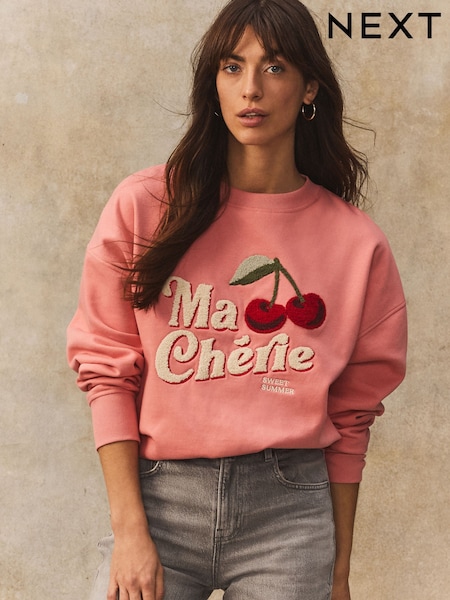 Pink Ma Cherie Cherry Heavy Boucle/Embroidery Graphic Crewneck Sweatshirt (E96693) | EGP1,920