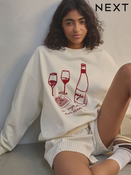 Ecru/Burgunderrot - Wine Flocked Fun Graphic Crew neck Sweatshirt (E96697) | 42 €