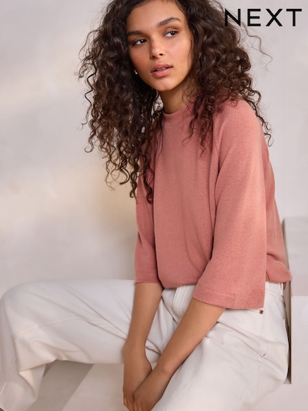 Blush Rose Pink Soft Touch Cosy Crew Neck Boxy Mid Short Sleeve Jumper Top (E96700) | LEI 141