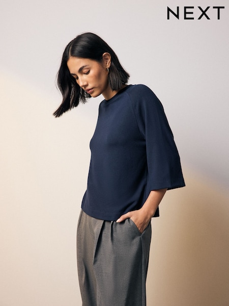Blue/Navy Soft Touch Cosy Crew Neck Boxy Mid Short Sleeve Jumper Top (E96706) | INR 2,436