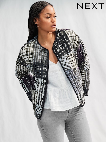 Indigo Blue/Navy Patchwork Print Quilted Popper Front 100% Cotton Jacket (E96717) | €68
