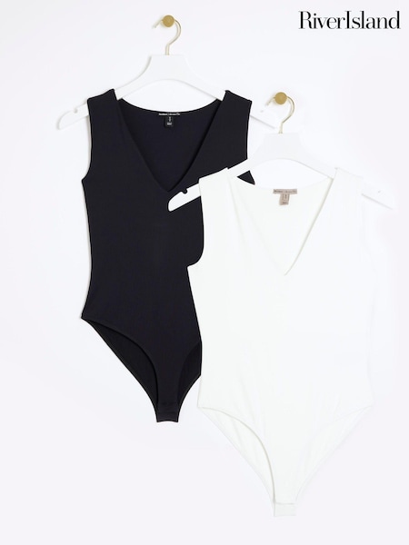 River Island Black/White 2 Pack V-Neck Bodies (E96756) | ₪201