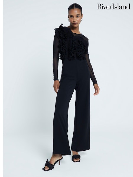 River Island Black Volume Frill Front Jumpsuit (E96758) | 143 QAR