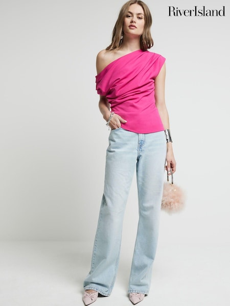 River Island Pink Bright Off Shoulder Drape Top (E96761) | 86 QAR