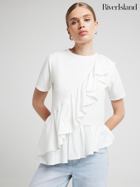 River Island White Poplin Frill T-Shirt (E96774) | 139 QAR