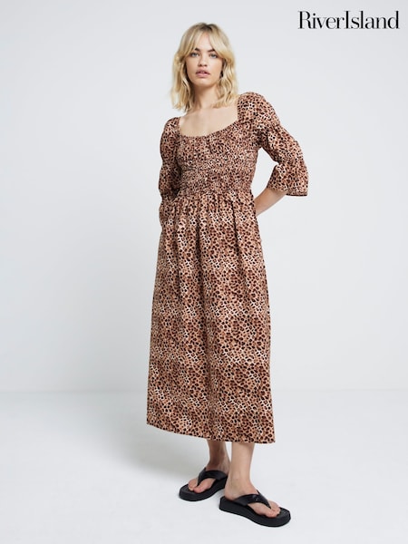 River Island Brown Shirred Midi Dress (E96775) | €36