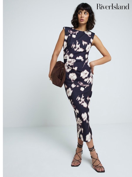 River Island Black Abstract Drape Midi Dress (E96788) | €25