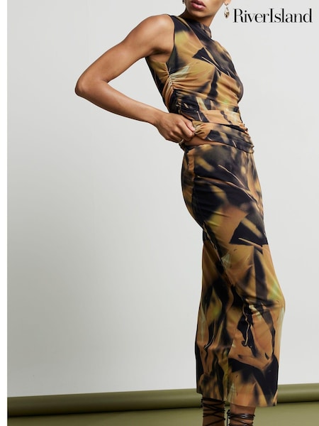 River Island Yellow Mesh Floral Column Midi Skirt (E96790) | €23