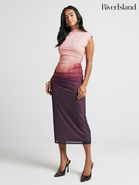 River Island Pink Petite Ombre Mesh Midi Dress (E96801) | $79