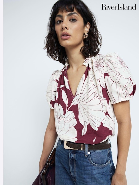 River Island Burgundy Floral Print V-Neck Blouse (E96803) | AED151
