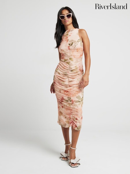 River Island Pink Petite Ruched Front Mesh Midi Dress (E96809) | €30