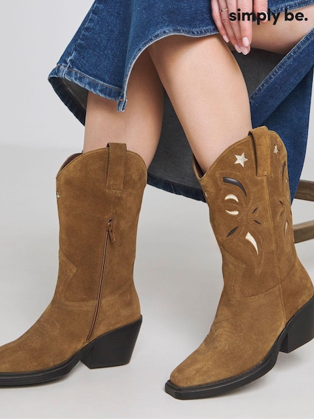 Simply Be Brown Cut Out Detail Calf Height Western Boots (E96991) | ₪347