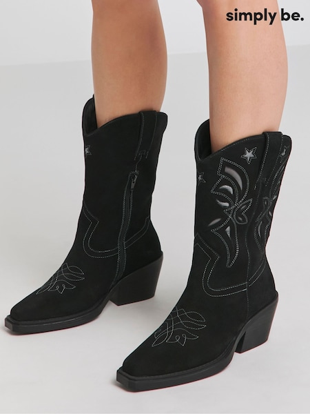 Simply Be Black Wide Fit Cut Out Detail Calf Height Western Boots (E97011) | $57