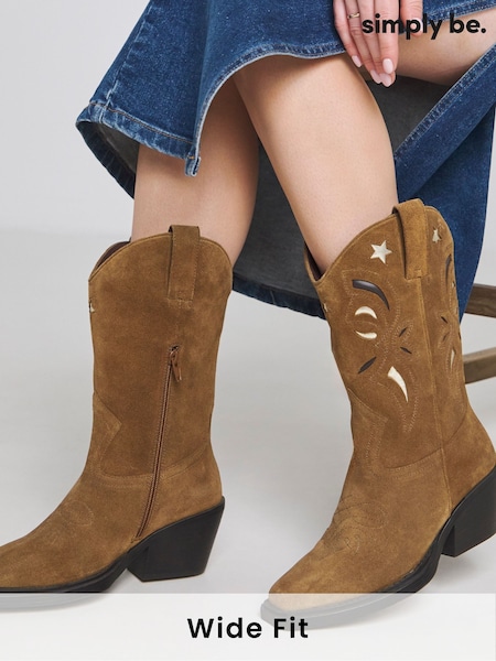 Simply Be Brown Wide Fit Cut Out Detail Calf Height Western Boots In With Super Curvy Calf (E97016) | AED201