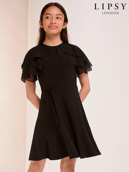 Lipsy Black Layered Flutter Sleeve Jersey Dress (5-16yrs) (E97131) | 67 QAR - 86 QAR