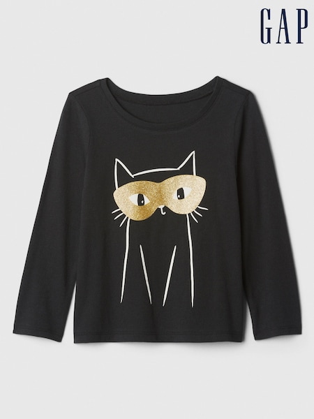 Gap Black Cat Long Sleeve Logo Graphic T-Shirt (6mths-5yrs) (E97262) | €5.50