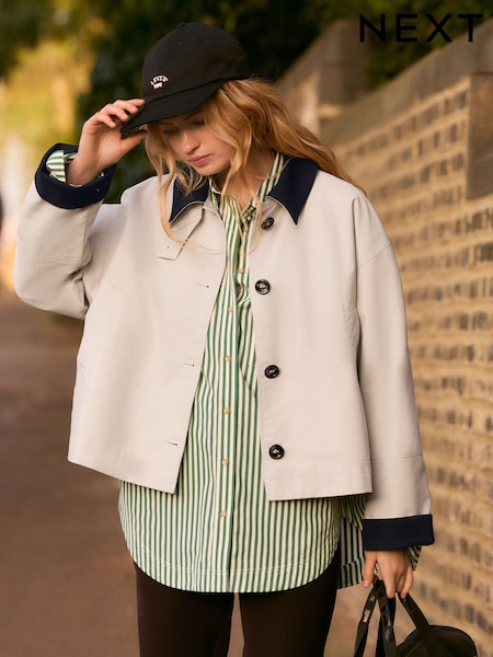 Stone Contrast Collar Cropped Trench Coat (E97329) | €82