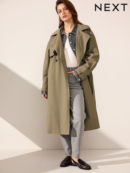 Khaki Green Shower Resistant Trench Coat (E97339) | AED273