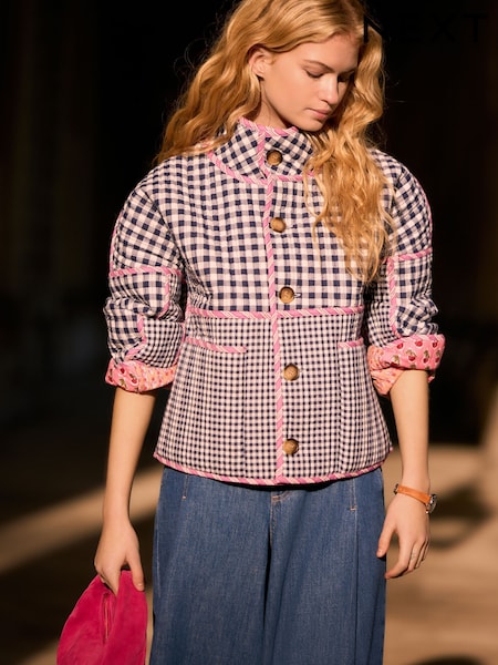 Цветочный - Gingham Print Quilted Reversible Printed Jacket (E97340) | €73