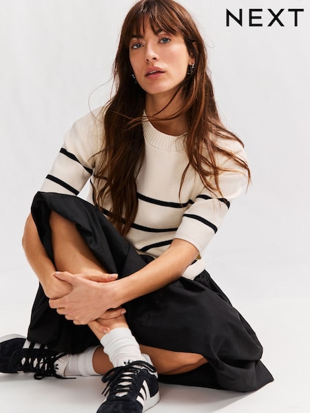 Ecru/Navy Cosy Soft Touch Boxy Short Sleeve Striped Knitted Jumper Top (E97375) | kr383