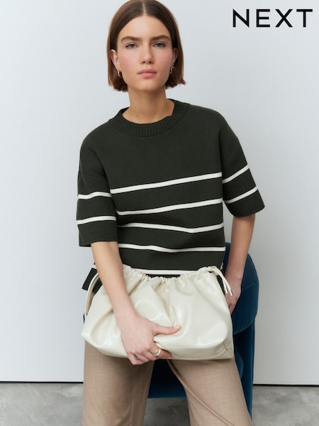 Forest Green Cosy Soft Touch Boxy Short Sleeve Striped Knitted Jumper Top (E97376) | €38