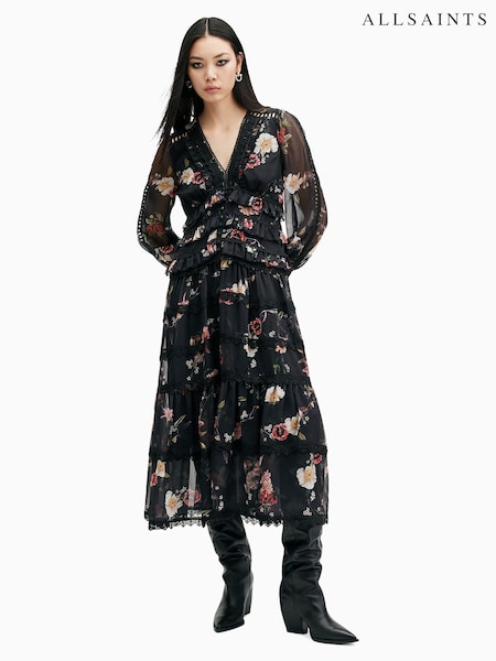 AllSaints Black Zora Midi Dress (E97584) | R$ 2,555