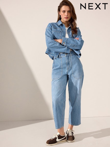 Mid Blue 100% Cotton Stripe Cropped Wide leg Jeans (E97780) | kr485