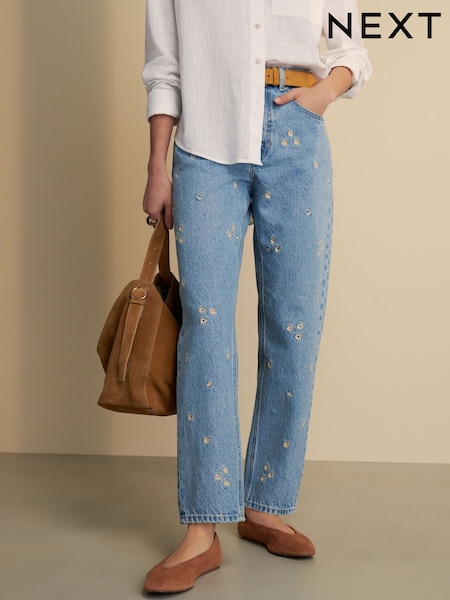 Вышитый цветочный узор синего цвета - 100% Cotton Column Mom Jeans (E97793) | €48