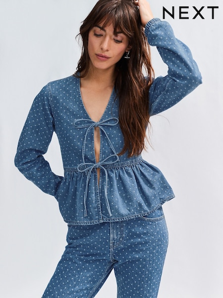 Blue Polkadot Tie Front 100% Cotton Smock Blouse (E97824) | 1,201 UAH