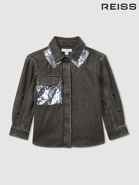 Reiss Grey Kourtney 13-14 yrs Cotton-Chambray Sequinned Shirt (E97887) | 38,400 Ft