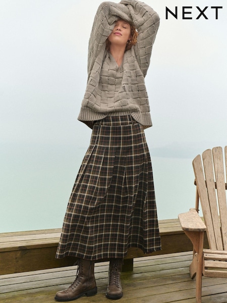 Green Check Pleated Kilt Maxi Skirt (E98048) | €29