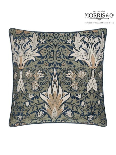 Morris & Co. Indigo/Leaf Green Snakeshead Jacquard Chenille Piped Cushion (E98060) | €52