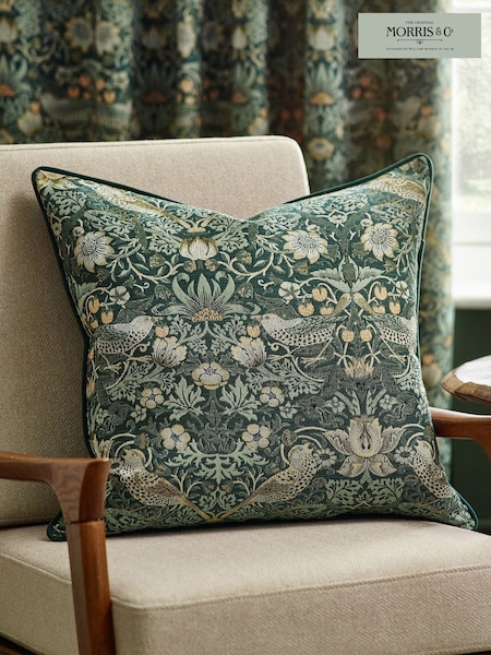 Morris & Co Forest Green Strawberry Thief Jacquard Piped Cushion (E98062) | €40