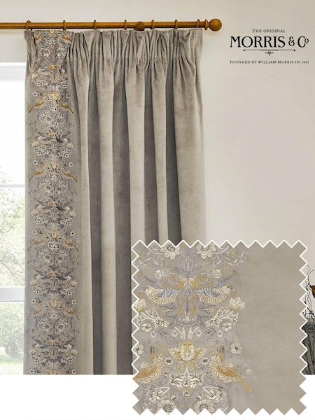 Morris & Co Biscuit Strawberry Thief Embroidered Pencil Pleat Curtain (E98255) | €198 - €423