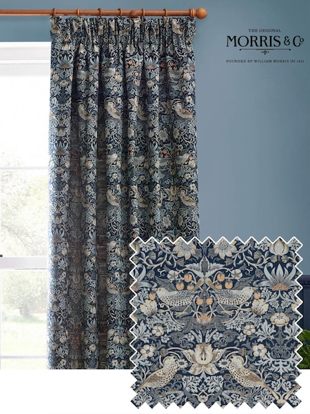 Morris & Co Indigo Strawberry Thief Jacquard Pencil Pleat Curtain (E98256) | €119 - €300