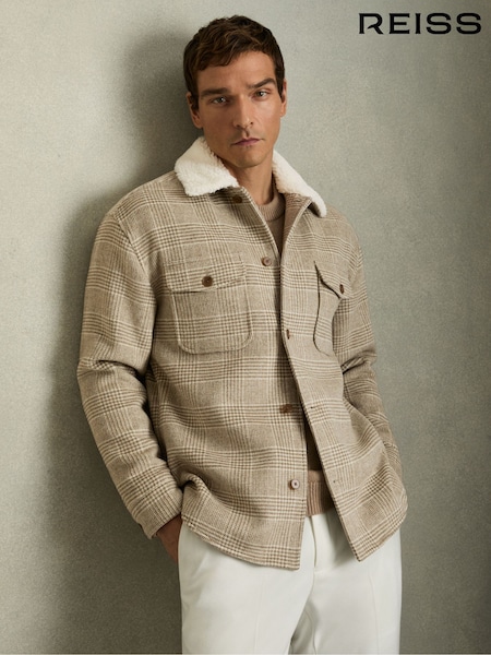 Reiss Oatmeal Nix Wool-Blend Borg-Collar Check Overshirt (E98362) | €273