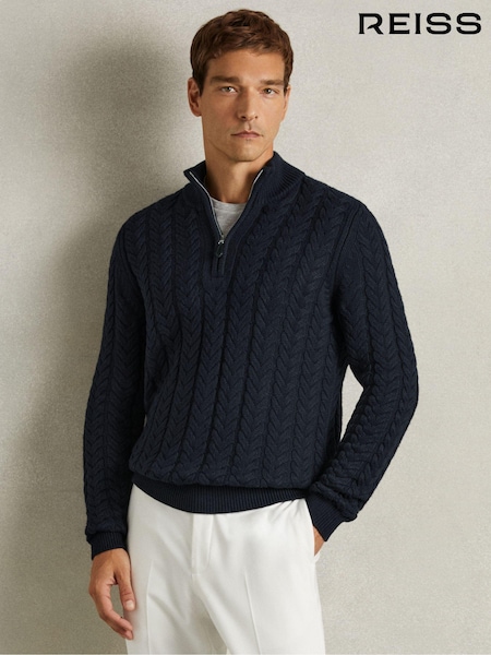 כחול כהה - Reiss Tamworth Cabled Zip-neck Jumper With Cotton And Wool (E98368) | ‏933‏₪