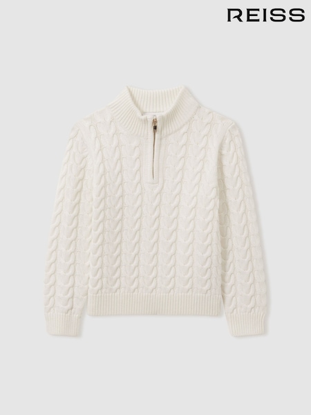 Reiss Off White Tamworth Teen Cabled Knitted Quarter Zip Jumper with Cotton and Wool (E98373) | $83