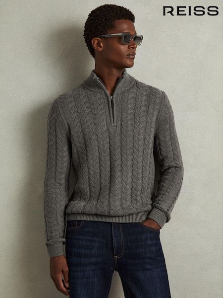 Reiss Mid Grey Melange Tamworth Cabled Zip-Neck Jumper with Cotton and Wool (E98377) | €125